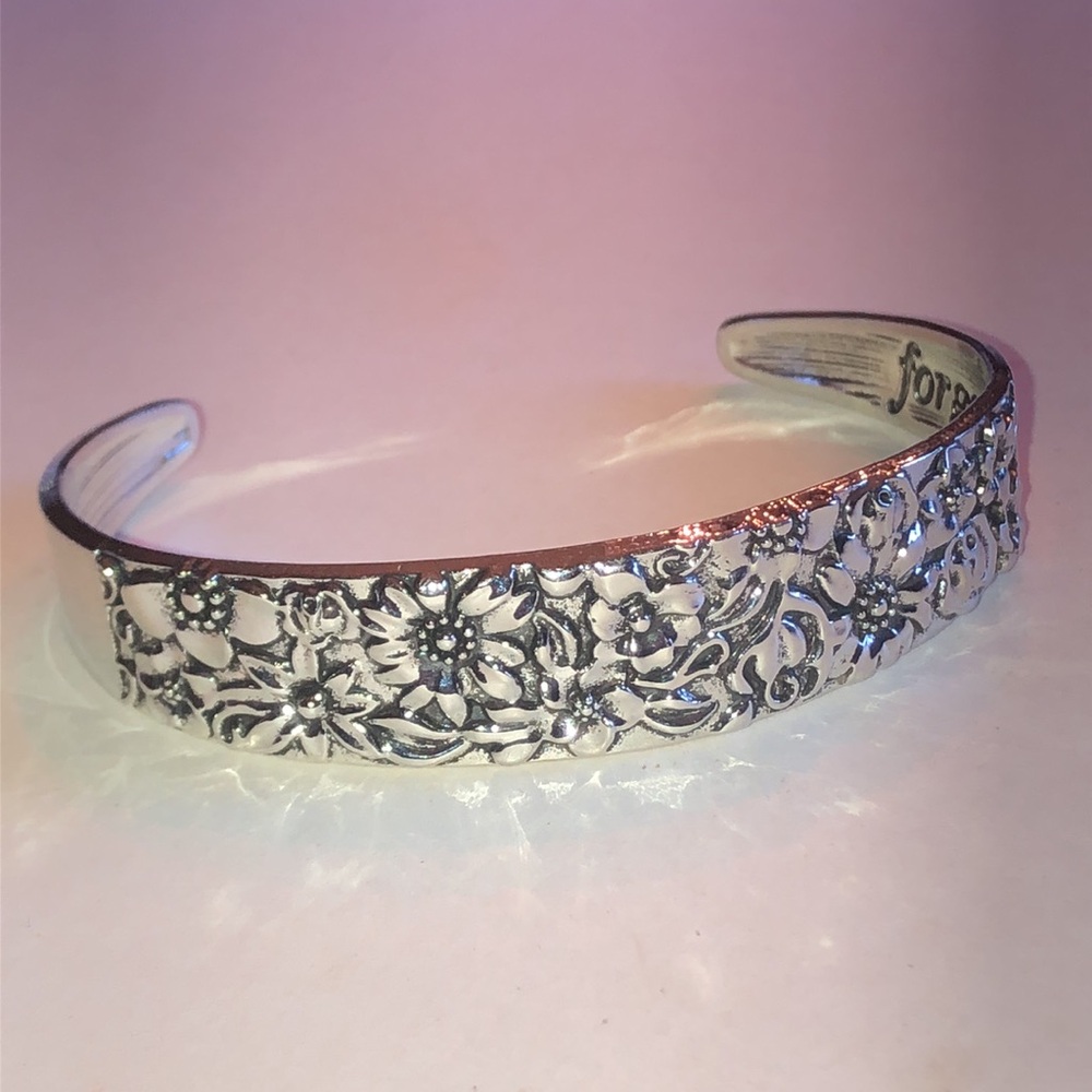 Floral Engraved Forget Me Not Silver Tone Boho Bangle Bracelet